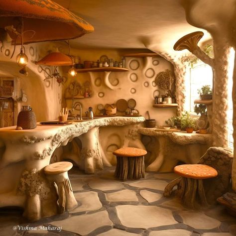 Earth Ship Kitchen, Mushroom House Interior, Fairy Core Kitchen, Tavern Core, Earth Ship Homes Plans, Cob Homes, Fairy House Interior, Cob House Kitchen, Hobbit Kitchen