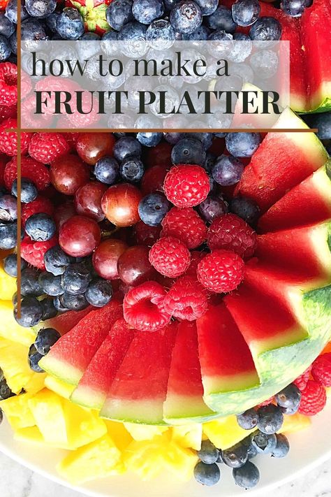 variety of bright fresh fruits on a platter with a carved watermelon Fruit Platter Ideas Party Trays Simple, Easter Fruit Tray, Fruit Tray Designs, Fruit Platter Ideas Party, Easter Fruit, Paper Fruit, Fruit Appetizers, Fruit Platter Designs, Vegetable Platter