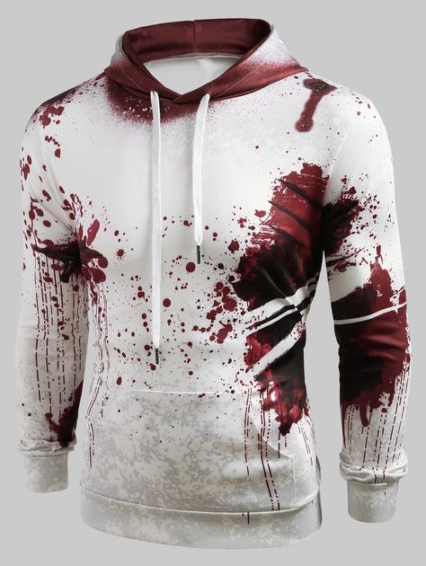 Halloween Theme Splatter Print Pullover Hoodie - Casual Halloween, Spooky Szn, Cheap Mens Fashion, Letter Print Hoodie, Cheap Hoodies, Legging Sport, I'm Fine, Pocket Hoodie, Halloween Theme