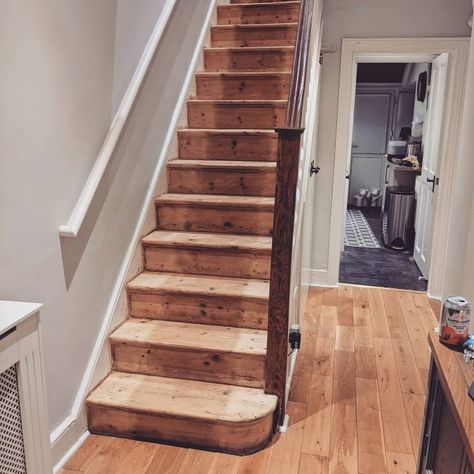 Pine Wood Staircase, Sanded Stairs, Ceramic Wood Tile Floor, Hallway Landing, Hallway Stairs, Wood Staircase, Wood Tile Floors, Hallway Designs, Stair Case