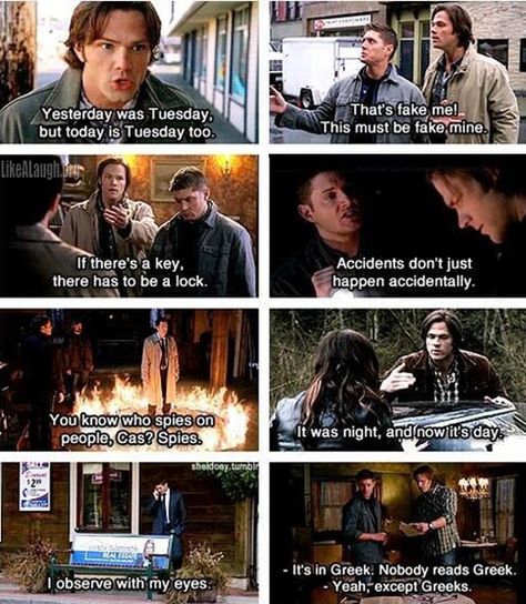 I love Supernatural logic. And the key and lock one is from the most hilarious episode they have ever made. Quotes Supernatural, Sammy Supernatural, Film Memes, Emmanuelle Vaugier, Ghost Whisperer, Mark Sheppard, Supernatural Quotes, Sam Dean, Winchester Boys