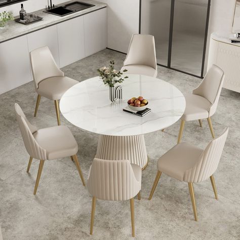 4 Chair Dining Table Marble, White Modern Dining Table With Chairs, Round Dining Table Modern White, Dining Room Brown Table White Chairs, Nuetral Dining Table, Round Kitchen Table And Chairs Marble, Round Marble Dining Table Setting, Silver Dining Table With Gold Chairs, White Table With Leather Chairs