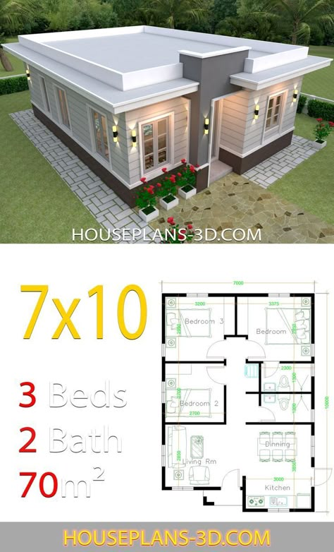 House Plans 3d, Terrace Roof, Three Bedroom House Plan, Modern House Floor Plans, Flat Roof House, 3d House Plans, Affordable House Plans, House Design Plans, Three Bedroom House