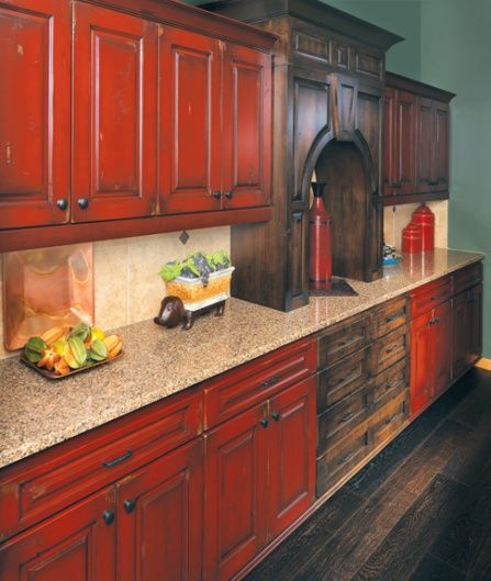 Farmhouse Style Kitchen Cabinets, Red Kitchen Cabinets, Painted Kitchen Cabinets, Red Cabinets, Rustic Kitchen Cabinets, Kitchen Cabinet Styles, Painted Kitchen, Kitchen Cabinets Makeover, Red Kitchen