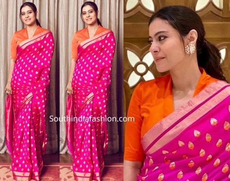 Pink Silk Saree Contrast Blouse, Anarkali Styles, Sari Blouse Styles, Polki Studs, Pink Silk Saree, Kajol Saree, Kerala Saree Blouse Designs, Blouse Designs High Neck, Chanderi Saree