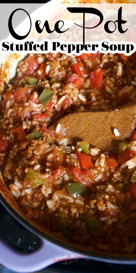 close up to stuffed pepper soup in a pot with a wooden spoon Filled Pepper Soup, Stuffed Pepper Soup Stovetop, Stuffed Peppers Soup, Stuffed Pepper Soup Crockpot, Easy Stuffed Pepper Soup, Stuff Pepper, Stuffed Pepper Soup Recipe, Green Pepper Soup, Pepper Soup Recipe