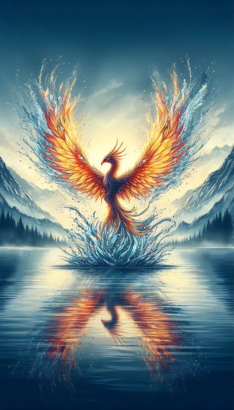 Majestic phoenix rising from an explosive splash of water, each feather shimmering with droplets. #phoenix #wallpapers Fenix Wallpaper, Phoenix Wallpapers, Phoenix Rising From Ashes, Phoenix Wings, Phoenix Wallpaper, Phoenix Artwork, Phoenix Images, Volumetric Lighting, Splash Of Water