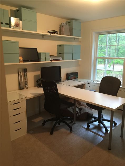 3 Desk Office Layout Ideas, Two Person Home Office Ikea, Family Study Room Shared Office, Small Shared Office Ideas, Kallax Office Hack, Two Person Office Layout Small, Double Desk Home Office Ikea, Home Office For Two People Small Spaces, Small Office Two Desks Layout