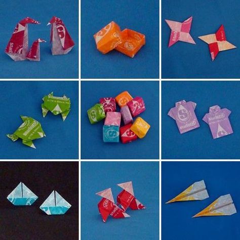 DIY Project Ideas: Halloween Candy Wrapper Crafts Candy Wrapper Crafts, Diy Candy Wrappers, Origami Candy, Origami Christmas Ornament, Starburst Candy, Origami Shapes, Diy Project Ideas, Dum Dums, Cute Diy Projects