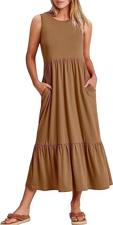 ANRABESS Women's Summer Casual Sleeveless Crewneck Swing Sundress Fit & Flare Flowy Tiered Maxi Dress with Pockets Women Maxi Dresses Summer, Maxi Beach Dress, Flowy Dress Long, Simply Dress, Top Moda, Long Beach Dress, Dress Flowy, Casual Summer Shorts, Beach Maxi Dress