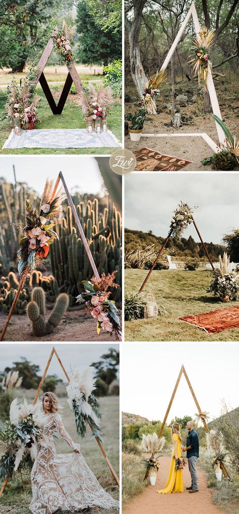 A Frame Wedding Arch Boho, Triangle Boho Arch, Wood Triangle Backdrop, Wedding Arch Ideas Diy Triangle, Wedding Arch Ideas Mountain, Triangle Wedding Arch Flowers Diy, Triangle Arbor Wedding Flowers, Boho Triangle Wedding Arch, Different Types Of Wedding Arches