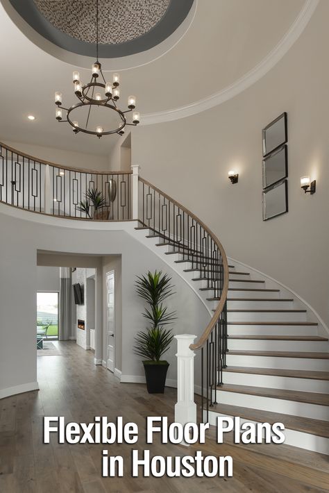 New home builder Coventry Homes offers award-winning new home designs in many desirable Houston area communities. 2023 Staircase, Rounded Staircase, Curved Staircase Foyer, Aesthetics Interior Design, Stair Way, Stair Layout, Modern Suburban House, Transitional Staircase, Coventry Homes