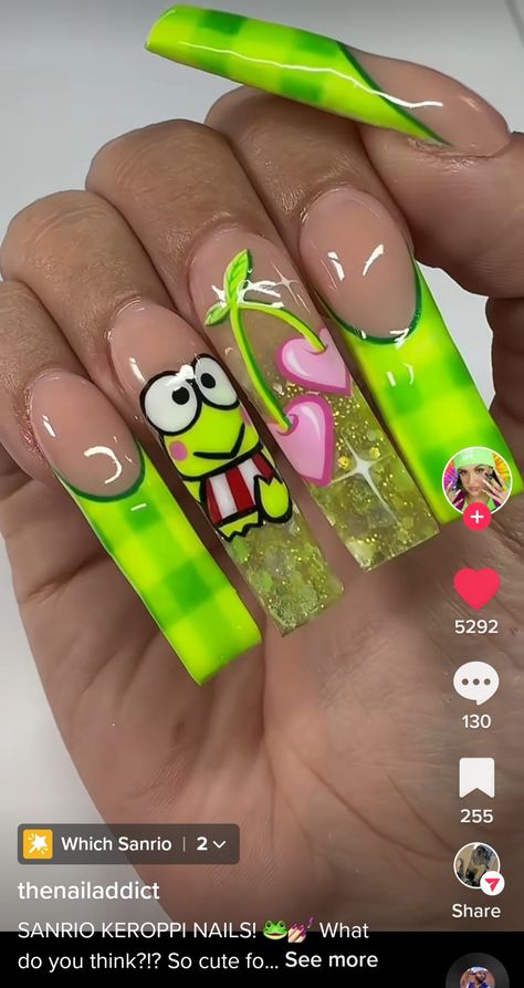 Sanrio Frog Nails, Keroppi Acrylic Nails, Sanrio Nails Keroppi, Sanrio Nails Art, Character Nail Art Designs, Cute Frog Nails, Keroppi Outfit, Sanrio Nails Acrylic, Keroppi Nails