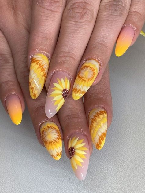 Almond Nails Sunflower, Sunflower Almond Nails, Almond Dip Nails Spring, Yellow And Brown Nails, Yellow Floral Nails, Yellow Fall Nails, Nail Details, Yellow Stuff, Sun Nails