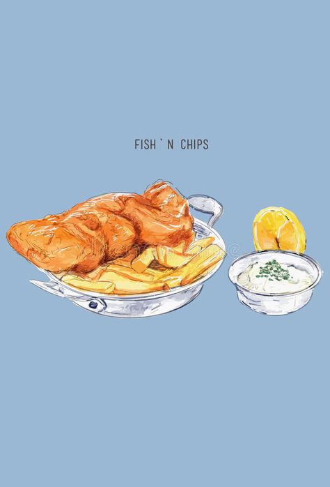 Fish And Chips Illustration, Fish And Chips Aesthetic, Food Label Design, Market Restaurant, Fish N Chips, Food Label, Fish And Chips, Food Labels, Cafe Food