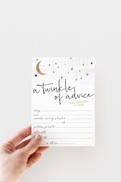 Plan an evening bridal shower easily with this celestial editable template! The navy blue and gold moon and star accents give this advice card a themed, yet modern and simplistic look. Change the wording of advice to suit your needs! Looking to complete the decor? We also have a matching Invitation Set, Welcome Sign, and Smores Station sign available in our shop, both individually or as a bundle! * Invitation Set » https://www.etsy.com/WildHavenStudio/listing/967402565 * Welcome Sign » https://www.etsy.com/WildHavenStudio/listing/1018079972 * Smores Station Sign » https://www.etsy.com/WildHavenStudio/listing/1032040085 * Bundle [Invitation Set, Advice Card, Welcome Sign + Smores Sign] » https://www.etsy.com/WildHavenStudio/listing/1300500383 For after the event, we offer matching Thank You Celestial Theme Wedding, Moon Baby Shower Theme, Moon Stars Baby Shower, Bridal Shower Advice Cards, Star Baby Shower Theme, Bridal Shower Advice, Celestial Theme, Baby Shower Advice Cards, Wedding Shower Themes