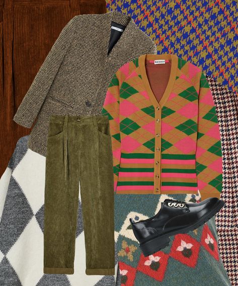 Fall 2019 Grandpa Fashion Trend - Argyle, Corduroy Grandpa Sweater Aesthetic, Grandpa Fashion, 70s Blouse, Grandpa Core, Grandpa Style, Argyle Socks, Cosy Jumper, Autumn Trends, Relaxed Trousers