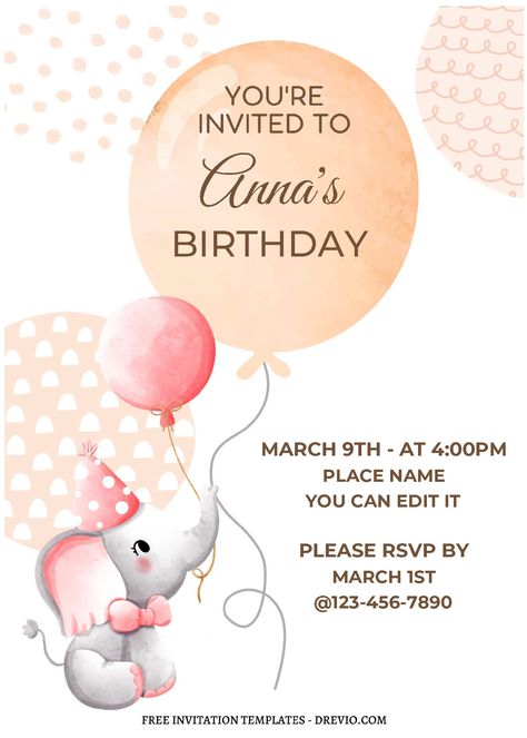 Download (Free Editable PDF) Cutesy Nursery Baby Elephant Birthday Invitation Templates Organizing any event, from a wedding to a birthday or a baby shower, and wanting to put something magnificent on it is not a simple chore, is it? Thus, if you're thinking about setting them up yoursel... Dumbo Birthday Party, Anna Birthday, Elephant Birthday, Free Printable Birthday Invitations, Elephant Theme, Free Printable Invitations, Templates Free Design, Printable Invitation Templates