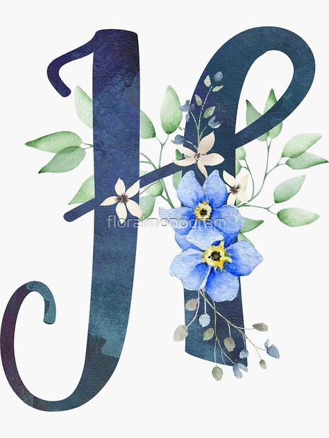 "Monogram H Wild Blue Flowers" Sticker by floralmonogram | Redbubble Dairy Drawing, Floral Letter Painting, Praying Emoji, E Floral Letter, Letter H Design, Alphabet Flowers Letters Initials, Floral Alphabet Letters Flower, H Letter, Textured Lettering