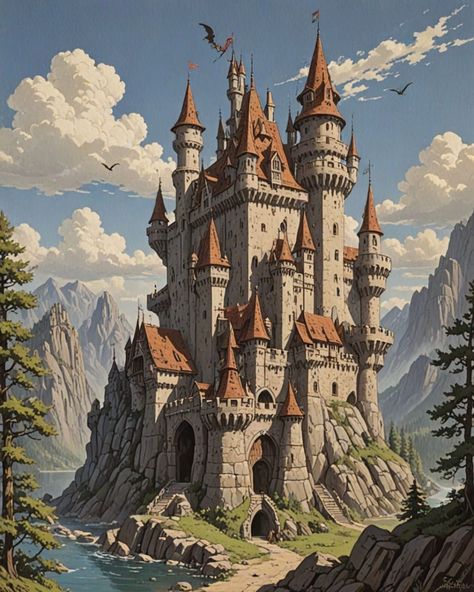 Stylized Artstyle, Medieval Castle Layout, Tall Castle, Tiny Glade, Tangled Tower, Fantasy Castles, Castle Layout, Castle House Plans, Castle Drawing