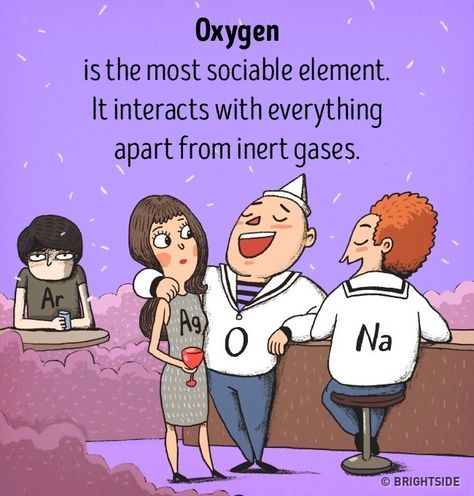 We at Bright Side are certain that any subject, no matter how complicated, can be made interesting for children provided it’s explained in an accessible way. Take chemistry for example, which is often considered one of the toughest subjects for a child to learn at school. We suggest beginning with the most famous chemical elements and their characteristics. Science Humor Biology, Science Humor Chemistry, Chemistry Basics, Chemistry Education, Chemistry Classroom, Chemistry Jokes, Teaching Chemistry, Chemistry Lessons, Science Notes