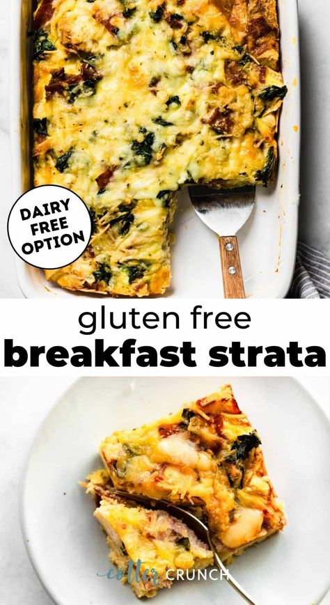 This Gluten-Free Breakfast Strata is made with layers of breakfast staples including gluten-free bread, bacon or ham, veggies, and more. Baked in about 30 minutes, it’s an easy breakfast, brunch, or dinner option for everything from Christmas morning, Easter, or a random weekday! Serve this gluten free strata recipe with fresh fruit. Store overnight in the fridge for a more fluffy egg bake. Gluten Free Egg Bake Casserole, Gluten Free Egg Bake, Gluten Free Egg Casserole, Quick Breakfast Casserole, Breakfast Staples, Gluten Free French Bread, Egg Strata, Strata Recipes Breakfast, Breakfast Egg Bake