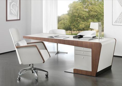 PEONIA DESK Materials: structure in walnut with cantilevered top completely covered in hard leather with stitching - three drawers on the back and one door on the front, all completely covered in hard leather - base plate in burnished metal. Dimensions: 87"L x 34"D x 31"H Options: *white or black leather Office Cabin Design, Desk Modern Design, Office Desk Designs, Office Table Desk, Office Table Design, Modern Office Design, Luxury Office, Office Furniture Design, Walnut Desks