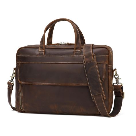 PRICES MAY VARY. DIMENSIONS:16.1”(L)*2.3”(W)*11.8”(H). Item weight: 2.4lbs/1.1kg. PRODUCT CAPACITY: Exterior includes 2 small magnetic snap pocket front pockets, 1 big front zipper pocket, 1 large main pocket, 1 back zipper pocket. FULL GRAIN LEATHER WORK BRIEFCASE: Leather laptop briefcases for men are made of crazy horse skin,Leather surface have disorderly wrinkles, scars, scratches that present the style of retro and wildness. It is a material that will become brighter with use, which is als Office Bags For Men, Leather Messenger Bag Laptop, Vintage Briefcase, Business Laptop Bag, Work Fits, Bag Business, Laptop Messenger Bags, Laptop Briefcase, Office Bag