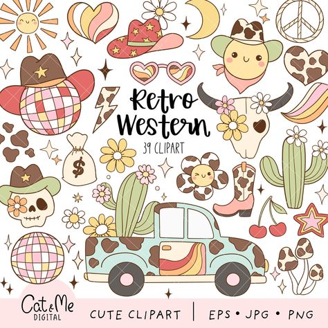 Groovy Clipart, Cow Print Boots, Western Disco, Cowboy Clipart, Disco Ball Png, Calendar Doodles, Western Clipart, Retro Stickers, Apple Watch Fashion