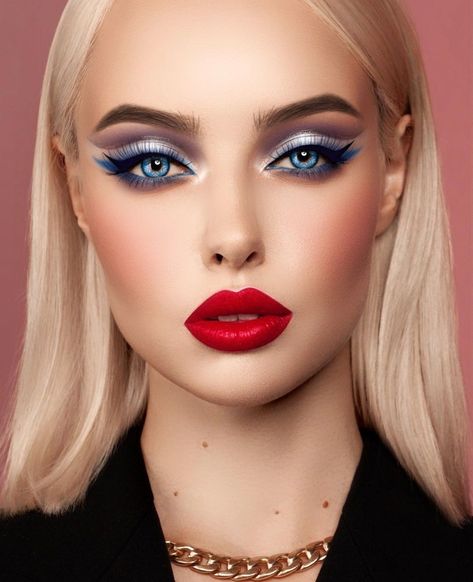 Blue Eyeshadow Red Lips, Eyeshadow Red Lips, Blue Red Lipstick, Rope Dart, Drag Queen Makeup, Long Shiny Hair, Music Instagram, Barbie Makeup, Red Lip Makeup