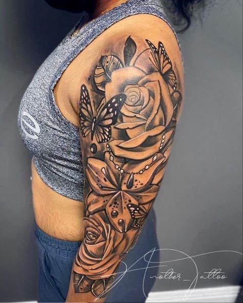 Girly Half Sleeve Tattoos For Women, Rose Sleeve Tattoo Black Women, Butterfly With Flowers Tattoo For Women Shoulder, Flower And Butterfly Sleeve Tattoo, Butterfly Rose Tattoo Sleeve, Flower Shoulder Sleeve Tattoo, Butterfly Flower Sleeve Tattoo, Sleeve Tattoos For Women Butterfly, Sleeve Tattoos For Women Butterflies