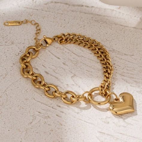 ^NEW 18K Gold Plated Chunky Link Chain Heart Circle Bracelet Gold Double Heart Bracelet, Gold Heart-shaped Chain Bracelets, Gold Heart Bracelet With Heart Charm, Gold Heart-shaped Chain Bracelet For Valentine's Day, Heart-shaped Gold Chain Bracelet For Valentine's Day, Valentine's Day Gold Heart Chain Bracelet, Tarnish Resistant Heart Chain Bracelet, Gold Heart Bracelet With Chain, Heart-shaped Bracelet With Chain For Valentine's Day