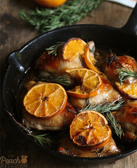 Orange Rosemary Roasted Chicken Thighs | The Peach Kitchen Christmas Chicken Recipes, Rosemary Roasted Chicken, Peach Kitchen, Roasted Chicken Thighs, Rosemary Chicken, Chicken Marinades, Main Courses, Cast Iron Skillet, Iron Skillet