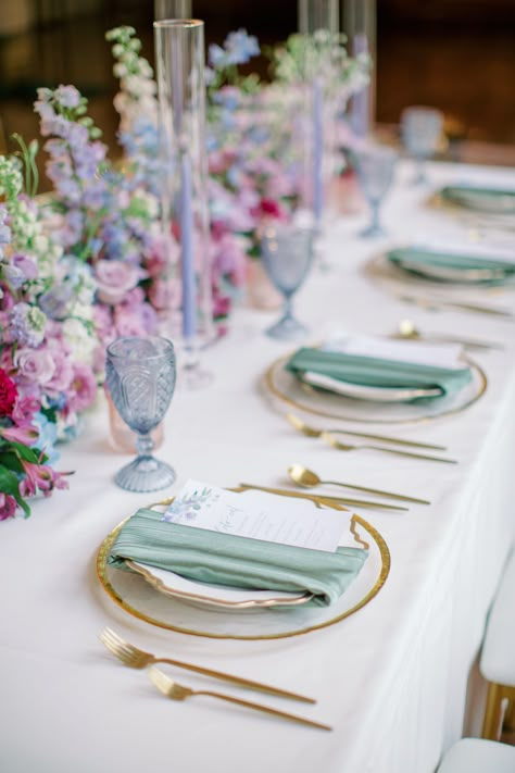 Lilac Purple And Emerald Green Wedding, Wedding Table Settings Lavender, Lilac And Sage Centerpieces, Purple Wedding Place Settings, Purple And Sage Wedding Centerpieces, White Green Purple Blue Wedding, Pink Purple White Green Wedding, Lilac Green And Gold Wedding, Lilac Pink Sage Wedding