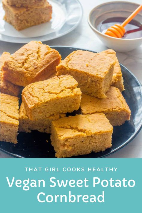 Vegan Sweet Potato Cornbread pieces piled onto a black plate. Vegan Sweet Potato Cornbread, Southern Caviar, Squash Cornbread, Cornbread Gluten Free, Cornbread Vegan, Southern Style Cornbread, Sweet Potato Cornbread, Gluten Free Cornbread, Gluten Free Flour Blend