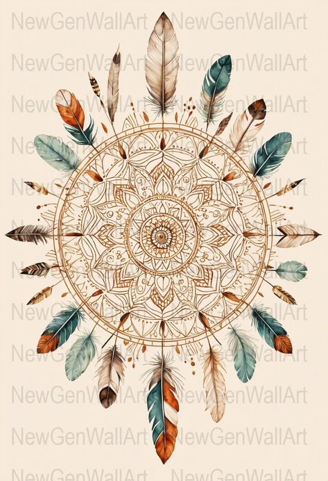 This beautiful piece of Boho Feather Mandala Art combines intricate, hand-drawn mandala patterns with vibrant feathers. Perfect for adding a touch of bohemian charm to any room, this wall art is sure to catch the eye and inspire tranquility. Ideal for living rooms, bedrooms, or as a gift, this artwork encapsulates the spirit of free-spirited style and detailed craftsmanship.  The digital file's resolution is 2576x3760, its Aspect Ratio is 2:3, and it is roughly 15 MB in size. You will receive a Mandala Art Wall Decor, Boho Mandala Art, Feather Mandala Art, Feather Mandala, Mandala Feather, Drawn Mandala, Creative Drawings, Mandala Digital, Boho Painting