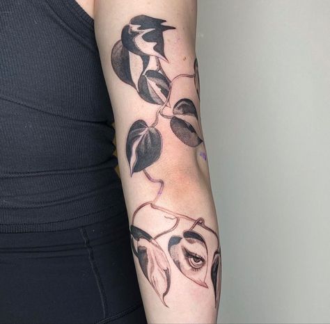 Philodendron Tattoo Leaves, Plant With Eyes Tattoo, Philodendron Tattoo, Philodendron Brasil, Succulent Tattoo, Tattoo 2023, Wrap Around Tattoo, Dinosaur Tattoos, Vine Tattoos