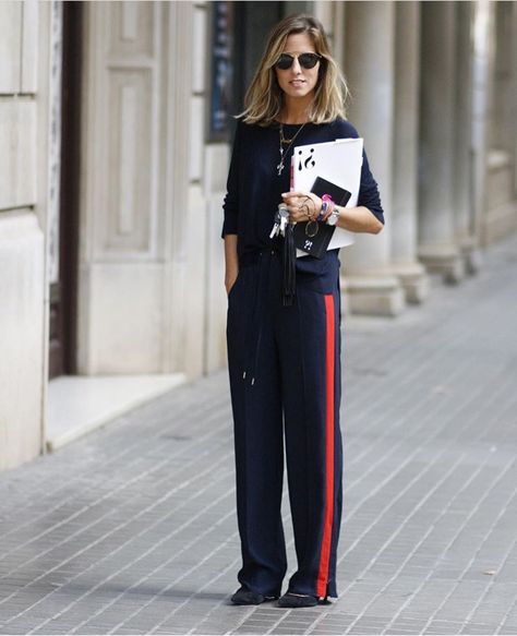 Entire page Luxury Athleisure Pants With Side Stripes, Styling Side Stripe Pants, Sporty Three-stripes Pants For Spring, Sporty Trousers With Side Stripes, Trousers Outfit Work, Striped Trousers Outfit, Trousers Street Style, Stripe Pants Outfit, Side Stripe Trousers