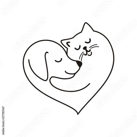 Heart Outline Tattoo, Cat And Dog Drawing, Hug Illustration, Dogs Hugging, Pawprint Tattoo, Cat Hug, Cat Doodle, Cat Sketch, Image Cat