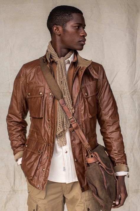 Belstaff Spring 2020 Menswear Fashion Show - Vogue Mukasa Kakonge, Menswear 2020, Woodland Camo, Menswear Collection, Leather Jacket Men, Unique Fashion, Red Leather Jacket, Military Jacket, Men's Clothing