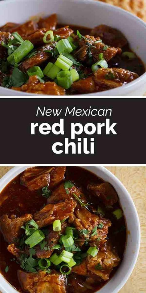 Tender chunks of pork are bathed in a rich chili sauce in this New Mexican Red Pork Chili that will leave you licking your bowl clean. Red Chili Verde Pork, Pork Red Chili Recipes, Red Pork Chili, Mexican Pork Chili, Pulled Pork Chili Recipe, Steak Chili Recipe, Pork Chili Recipe, Chili Colorado, Pulled Pork Chili