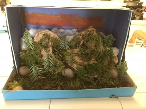 Mountain Diorama: mountains-crumpled paperbag, trees: pine branches,fog:cotton balls Mountain Crafts For Kids, Bear Diorama, Mountain Diorama, Landform Projects, Shoe Box Diorama, Mountain Ecosystem, Map Of America, Land Forms, Ecosystems Projects