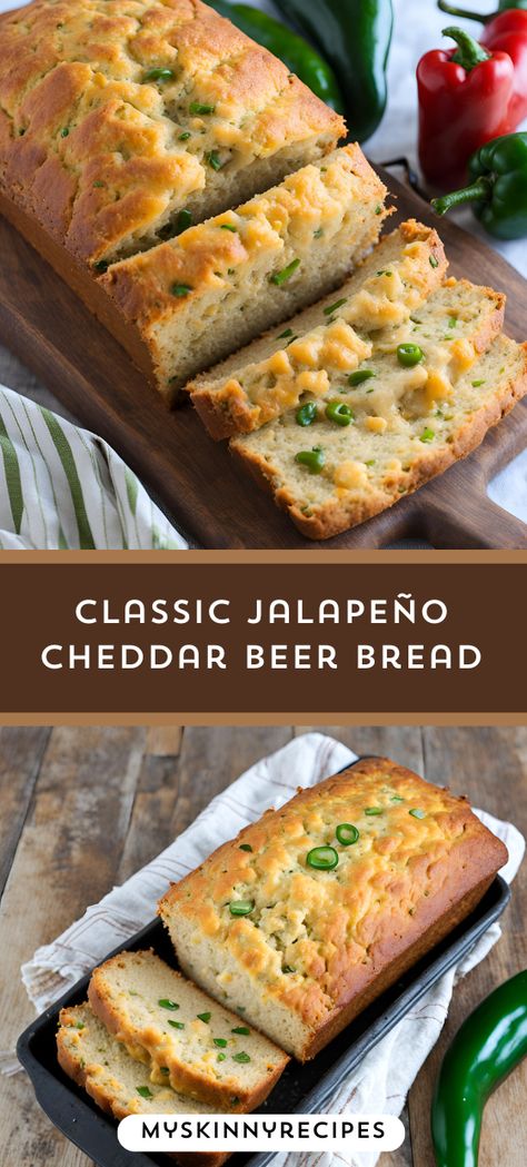 🧀🌶️ Classic Jalapeño Cheddar Beer Bread 🍺🍞 Dive into the perfect blend of savory cheddar, spicy jalapeños, and hearty beer with this easy-to-make recipe! Each slice is bursting with flavor and warmth, making it the ultimate comfort food. Perfect for pairing with soups, chili, or simply enjoyed on its own with a smear of butter. #BeerBread #JalapenoCheddar #HomemadeBread #SavoryDelight #myskinnyrecipes Jalapeño Beer Bread, Chili Bread, Cheddar Beer Bread, Blueberry Oatmeal Cookies, Cinnamon Swirl Banana Bread, Dutch Oven Bread, Stuffed Jalapenos With Bacon, Jalapeno Cheddar, No Rise Bread