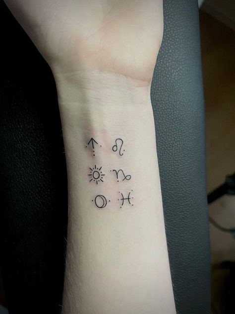 Big Three Astrology Tattoo Leo Sleeve Tattoo, Moon In Leo Tattoo, Zodiac Sun Moon Rising Tattoo, Sun Moon Rising Sign Tattoo, Rising Symbol Astrology, Astrology Sun Moon Rising Tattoo, Sun Rising Moon Sign Tattoo, Rising Sun Moon Tattoo, Astrology Big Three Tattoo