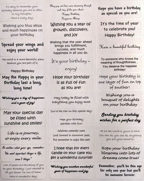 THIS IS A DIGITAL ONLY PRODUCT!   YOU PRINT THESE OUT ON YOUR OWN STICKER PAPER (or plain paper to cut & paste) These are designed to perfectly print on 1" x 2.625" address labels that are 30 per sheet. 3 pages of different birthday sentiments.  That's a total of 90 birthday wishes! You don't have to think of what to say inside your beautiful handmade cards anymore! Birthday Cards Masculine, Birthday Card Inside Messages, Birthday Sentiments For Cards, Funny Ways To Say Happy Birthday, Nice Things To Write In A Birthday Card, What To Say In A Birthday Card, Birthday Card Sayings Messages, Simple Handmade Birthday Card Ideas, Birthday Card Writing Messages