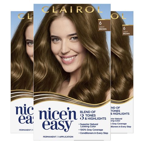 PRICES MAY VARY. Get permanent, silky, natural-looking hair color with Clairol Nice'n Easy 6 Light Brown. Creates 3 salon tones and highlights in 1 simple step using Color Blend technology Covers 100% of grays with complementary highlights and lowlights for an authentic look Our breakthrough non-drip Color Care permanent cream has conditioners built into every step to make your hair soft and shiny One hair color application kit: ColorBlend Formula, ColorBlend Activator, CC Plus ColorSeal Conditi Mahogany Brown Hair Color, Mahogany Brown Hair, Light Brown Hair Color, Brown Hair Color, Mahogany Brown, Brown Hair With Blonde Highlights, Highlights And Lowlights, Hair Color Light Brown, Permanent Hair Dye