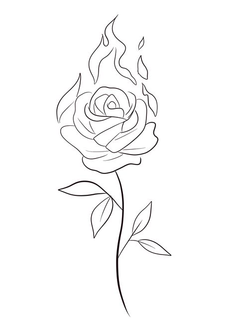 Rose On Fire Tattoo Simple, Flowers With Stems Drawing, Flowers Outline Drawing, Floral Linework, Rose Drawing Simple, Rose Tattoo Stencil, Cute Thigh Tattoos, Rose Outline, Rose Drawing Tattoo