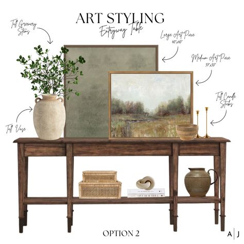 Buffet In Entryway, Console Table Decorating No Mirror, Console Table Set Up, Entry Buffet Table Decor, Layering Art On Console Table, Entry Way Credenza Decor, Vintage Credenza Styling, Entryway Table Decor No Mirror, Entry Way Styling Ideas