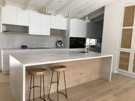 Grey White Timber Kitchen, Grey Benchtop Kitchen, Concrete Splashback, Concrete Benchtop Kitchen, Grey Worktop Kitchen, Airy Concrete Caesarstone, Concrete Benchtop, Polished Concrete Kitchen, Concrete Kitchen Island