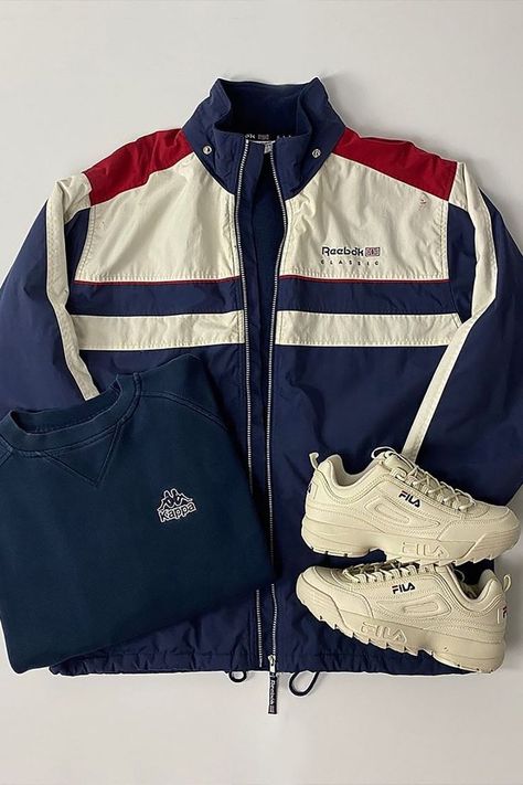 Vintage outfits available from OneOff Vintage Kappa Sweatshirt, Reebok Retro, Vintage Outfit Inspiration, Reebok Jacket, Vintage Retro Clothing, Nike Track Jacket, Fitness Wear Outfits, Vintage Sportswear, Vintage Outfit